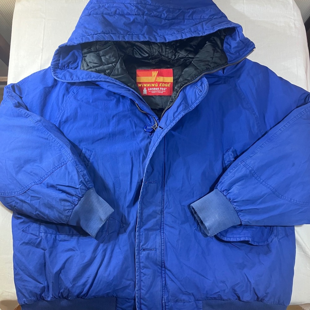 Vintage London Fog Winning Edge Blue Down Puffer Bomber Jacket Mens XL Hooded